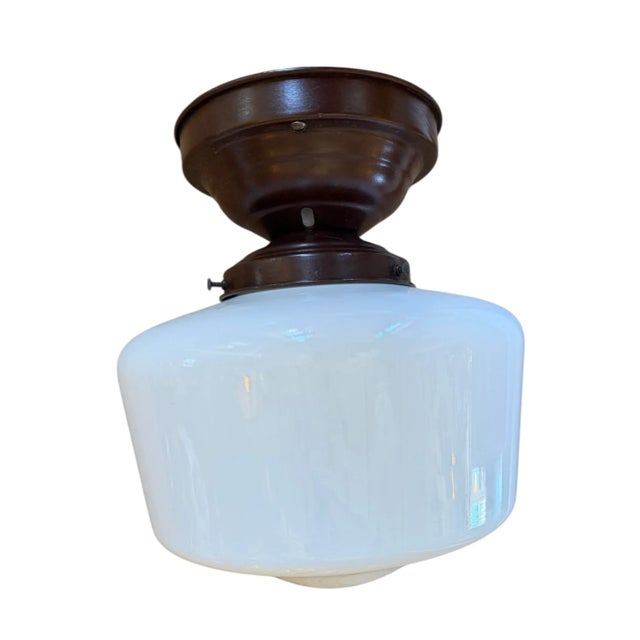 American Vintage Schoolhouse Milk Glass Ceiling Light Fixture For Sale - Image 3 of 4