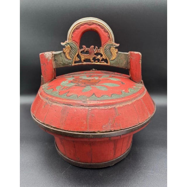 Beautiful bright Antique Chinese red wedding or betrothal basket. These lidded baskets, typically red lacquered,...
