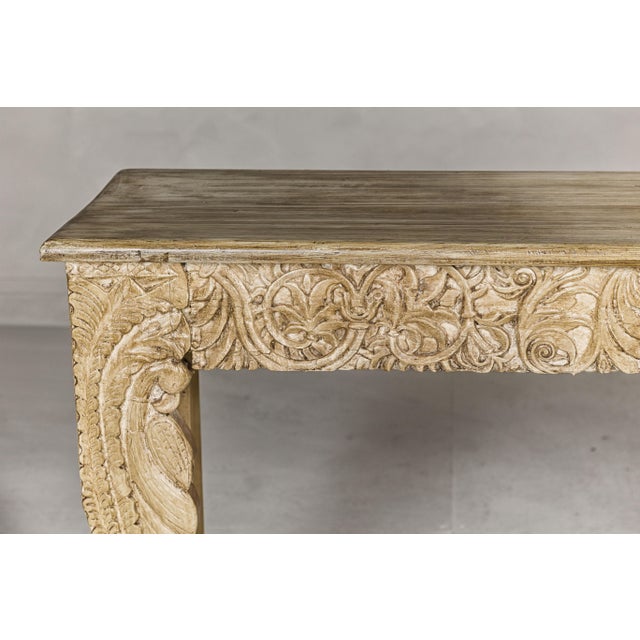 Traditional Mughal Style Painted Console Table with Foliage Carved Apron and Legs For Sale - Image 3 of 12