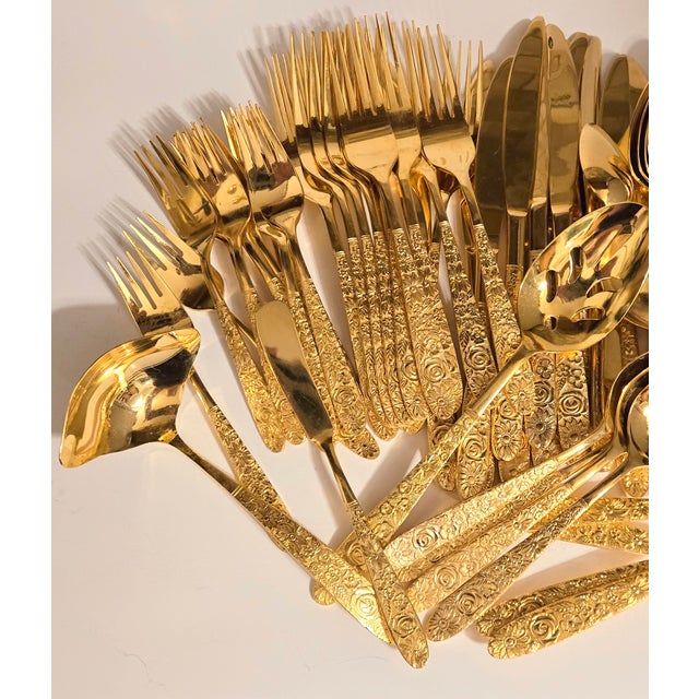 Mid-Century Hollywood Regency Gold Floral Flatware- Set of 72 For Sale - Image 13 of 18