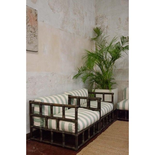 Aqua Bamboo Lounge Chairs with Striped Cushions, 1980s, Set of 2 For Sale - Image 8 of 9