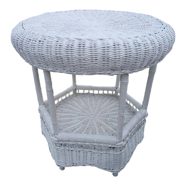 1970s Bohemian Round White Woven Wicker and Rattan Side Patio or Indoor Table With Bottom Shelf For Sale