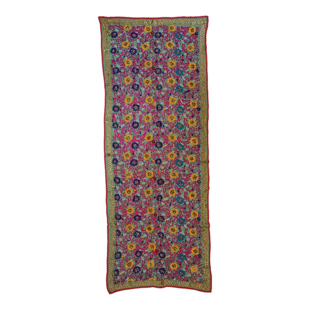 Vintage Suzani Embroidery in Teal Background with Yellow Pink Turquoise For Sale