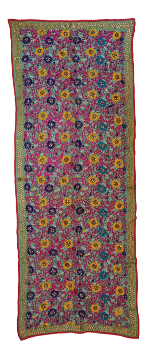 Vintage Suzani Embroidery in Teal Background with Yellow Pink Turquoise