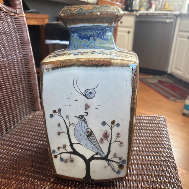 Large Ken Edwards Baroque Style Tonala Vase with owls and quail, sitting on flowering branches, and butterflies. The...