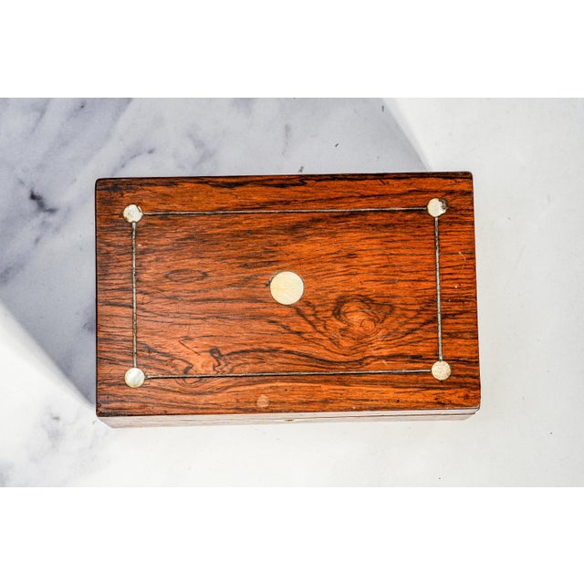 Charming Small Antique Victorian Wood Jewelry Box With Key Inset Mother of Pearl Home Decor For Sale - Image 4 of 13