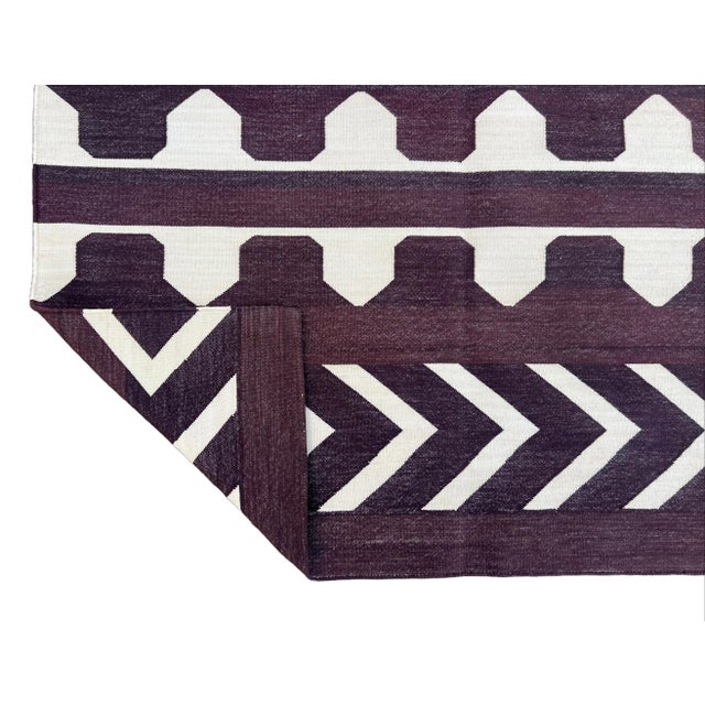 Casa Cosima Handmade Cotton Area Rug, Natural Vegetable Dyed, Brown & Cream Geometric Dhurrie-9'x12' For Sale - Image 4 of 11