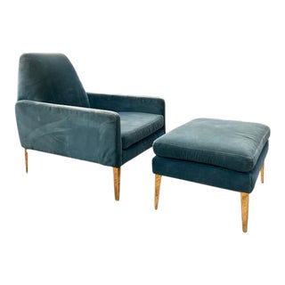 Lounge Chair and Ottoman in Blue Velvet With Brass Legs, a Pair For Sale