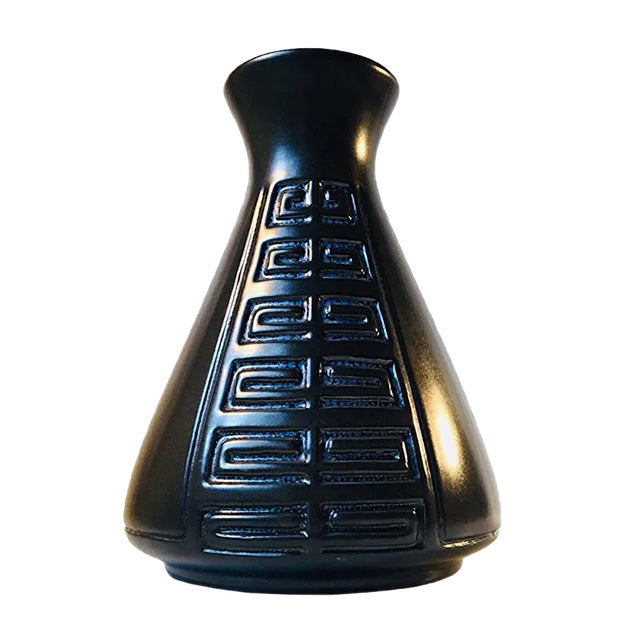 Vintage Danish Black Geometric Pottery Vase from Langeland, 1970s For Sale