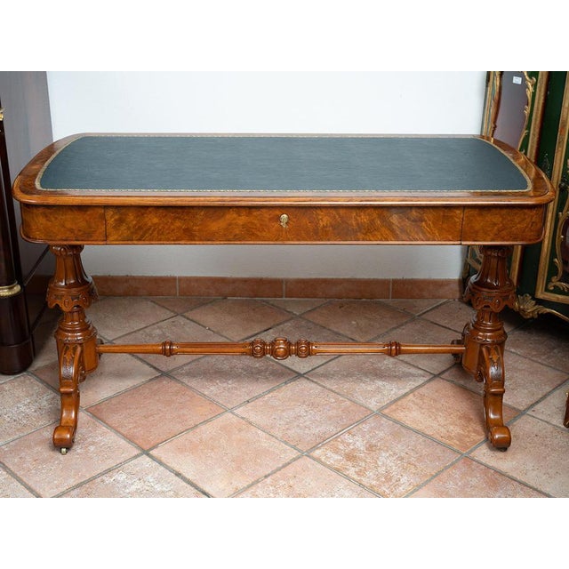 Metal Victorian Writing Desk in Walnut Burl with Leather Top Engraved with Gold, England, 19th Century For Sale - Image 7 of 8