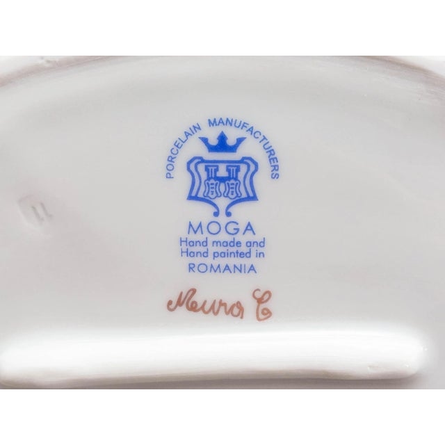 Blue Mid 20th Century Moga Romania Hand Painted Porcelain Large Peacock Centerpiece Bowl For Sale - Image 8 of 8