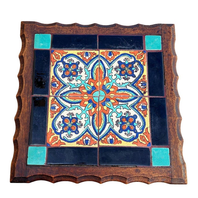 Wood 1930 Spanish Style Sculpted Dark Stained Mahogany Side Table W/ Taylor Tile-Top For Sale - Image 7 of 7