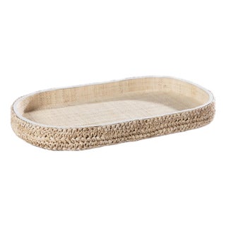 Reggio Loom Oval Raffia Tray with Leather Trim, Large For Sale