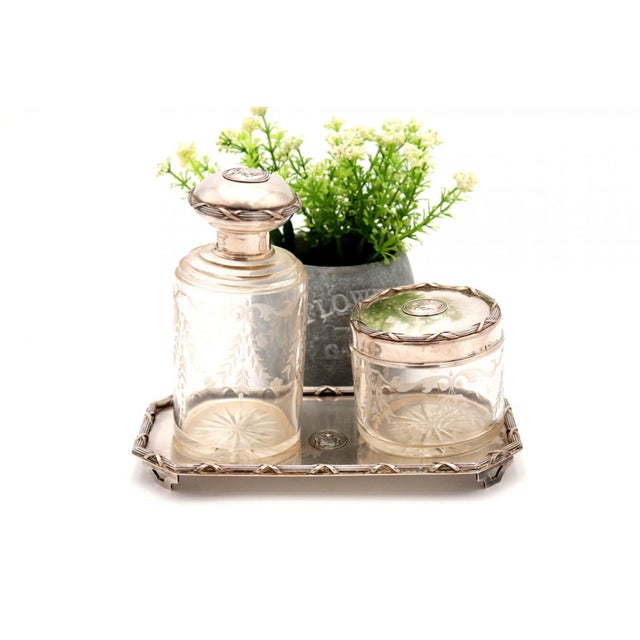 Toiletry Set with Silver Tray and Acid-Etched Glass Bottles with Silver Lids and Embossed Trim, Set of 3 For Sale - Image 6 of 6