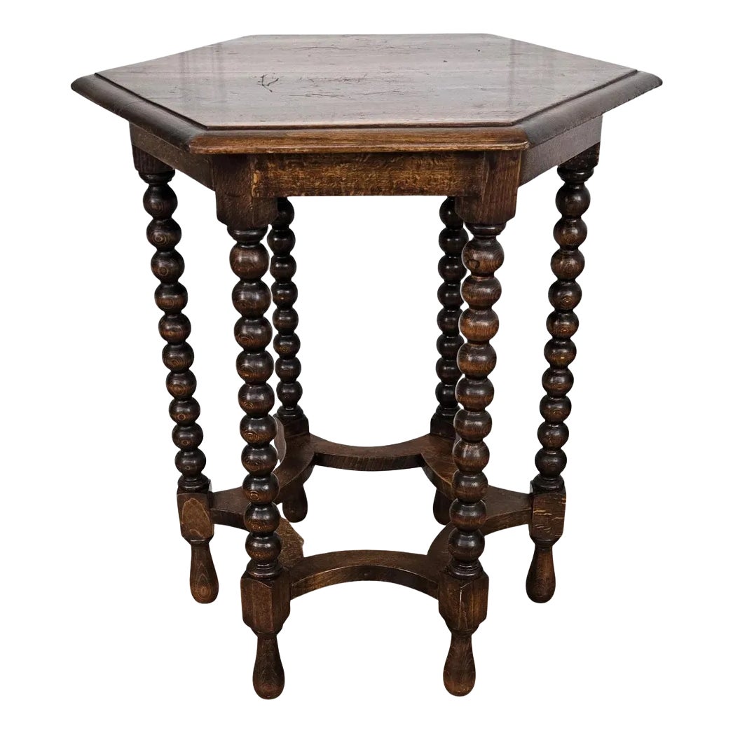 Italian Hexagonal Black Walnut Side Table with Bobbin Turned Legs