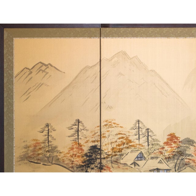 1960s Shōwa Era Japanese Silk Byobu Screen "Mountain Landscape With Houses" For Sale - Image 4 of 17