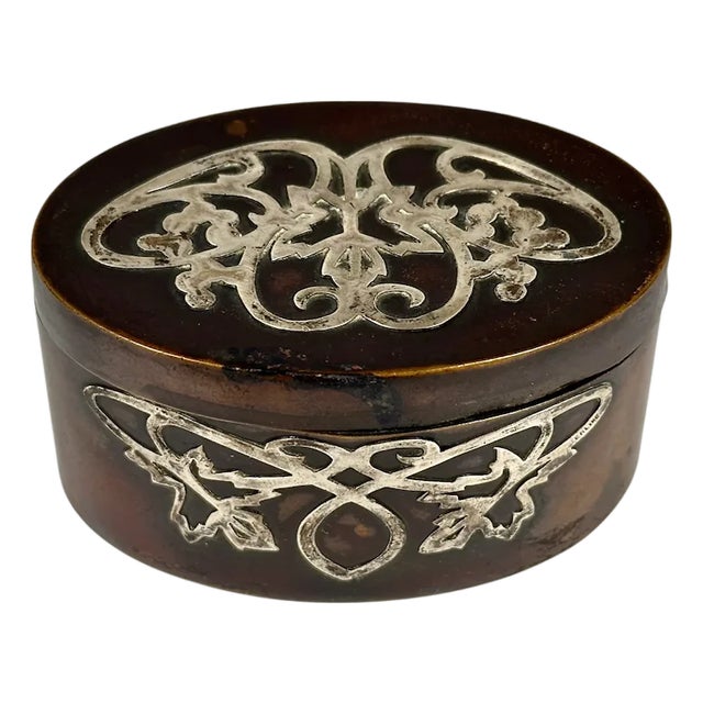 Arts & Crafts Heintz Silver Overlay Bronze Stamp Box For Sale