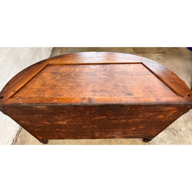 Antique French Style Inlaid Wood Carved Marble Top Demilune Server For Sale - Image 13 of 14