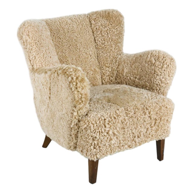 Danish Modern Lounge Chair in Shearling in the Style of Fritz Hansen For Sale