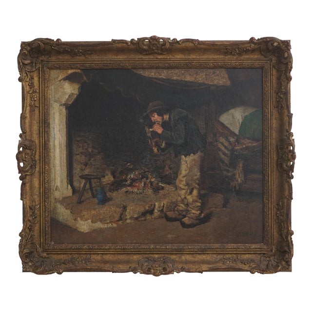 Vintage Aloysius O’kelly Oil on Canvas Painting of Man by Fireplace - Signed For Sale