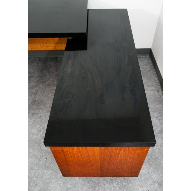 Brown Mid Century Modern Desk Executive L Shaped Cane Walnut Large Black File Drawers For Sale - Image 8 of 12