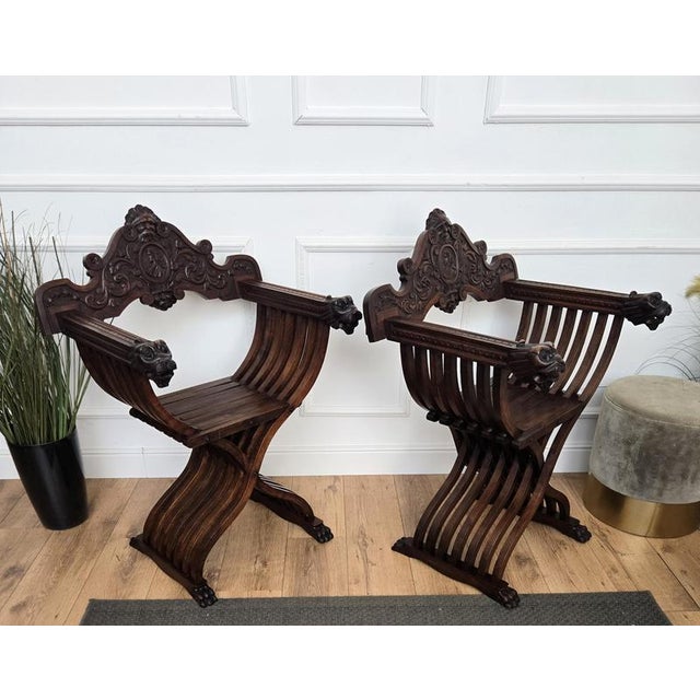 Italian Savonarola Armchairs in Carved Walnut, 1900, Set of 2 For Sale - Image 11 of 12