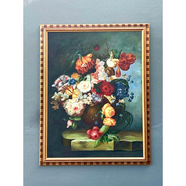 Vintage Regency Monumental Botanical Oil Painting on Canvas For Sale In West Palm - Image 6 of 9
