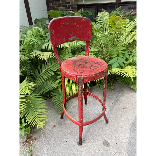 1940s Vintage Industrial Distressed Red Metal Machinist Counter Stool For Sale - Image 4 of 10