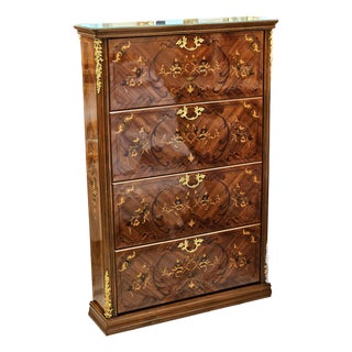 French Louis XV-Inspired Shoe Cabinet With Intricate Wood Inlay & Elegant Bronze Accents For Sale