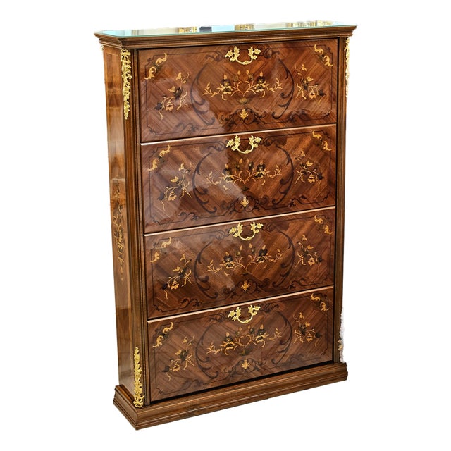 French Louis XV-Inspired Shoe Cabinet With Intricate Wood Inlay & Elegant Bronze Accents For Sale
