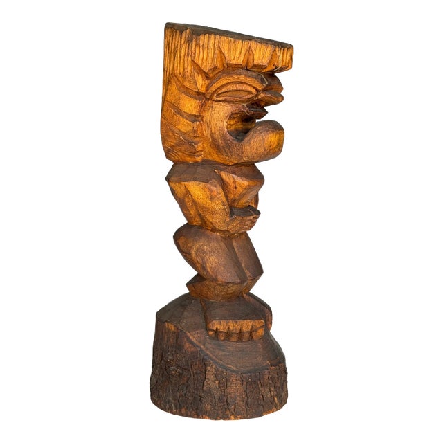 Carved Monkey Pod Wood Akua Tiki Totem Sculpture For Sale
