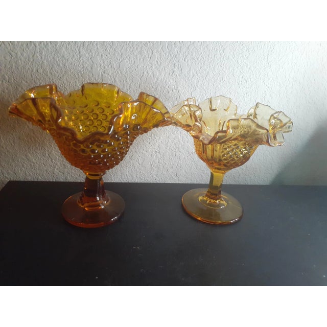 1950s Fenton Amber Hobnail Ruffled Edge Pedestal Compotes- Set of 2 For Sale In Dallas - Image 6 of 6