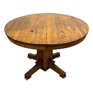 Antique Stickley Style Mission Arts and Crafts Tiger Oak Pedestal Dining Table For Sale