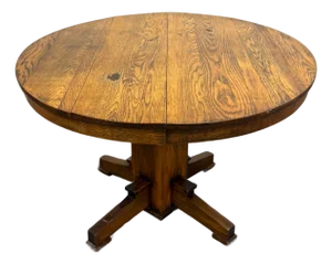Antique Stickley Style Mission Arts and Crafts Tiger Oak Pedestal Dining Table