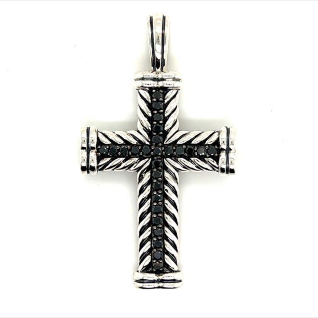 Authentic David Yurman Black Diamond Chevron Silver Cross Pendant 16.5g Estate DY719 Retails $999.00 This elegant...