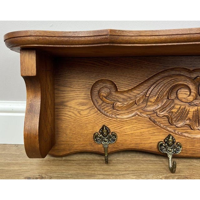 Vintage French Oak Wall-Mounted 4-Hook Coat Rack For Sale - Image 3 of 12