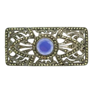 Antique Art Deco Marcasite Silver Openwork Brooch with Blue Center Stone