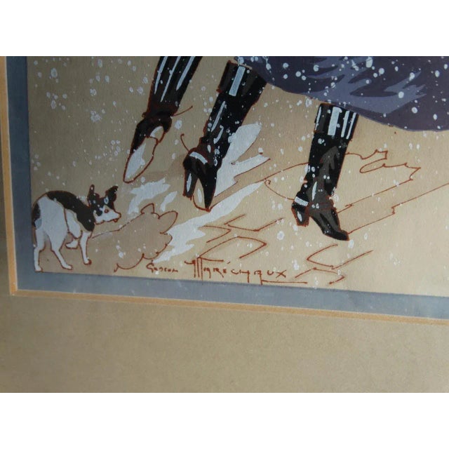 1920s Print, Huntsman and His Huntswoman Seeking Shelter in a Snowstorm: Romantic Pochoir For Sale - Image 4 of 6