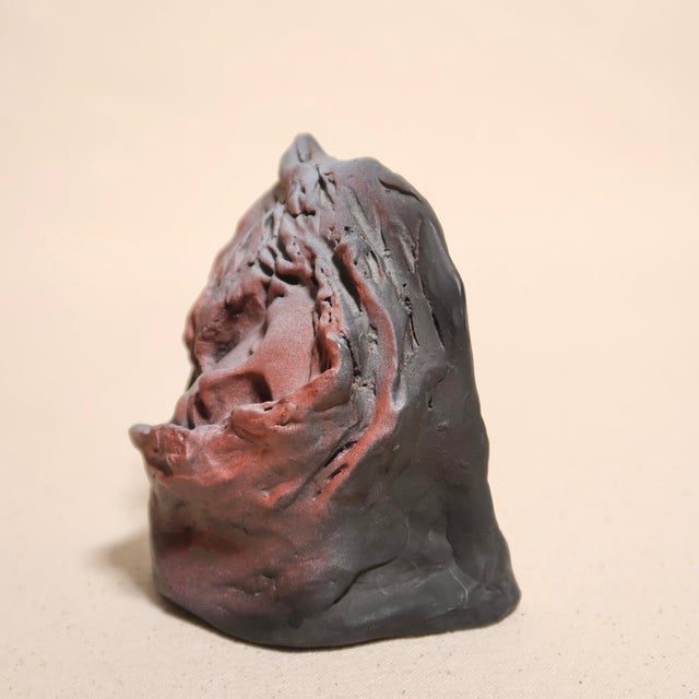 Handmade Figurative Ceramic Surreal Veiled Detailed Face Bust Sculpture in Charcoal and & Mauve Glaze For Sale - Image 13 of 17