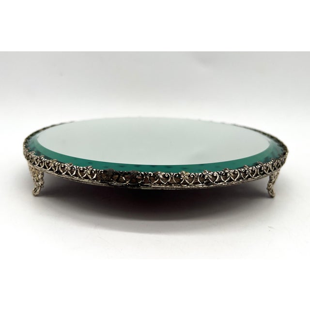 8" Vintage Round Mirrored Plateau Tray With Ornate Silver-Tone Gallery – Hollywood Regency / Neoclassical For Sale - Image 10 of 15