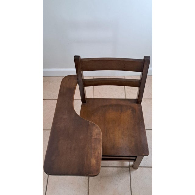 Wood 1930s Wooden School Desk Chair W/Attached Writing Arm & Book Shelf Ocean County For Sale - Image 7 of 12