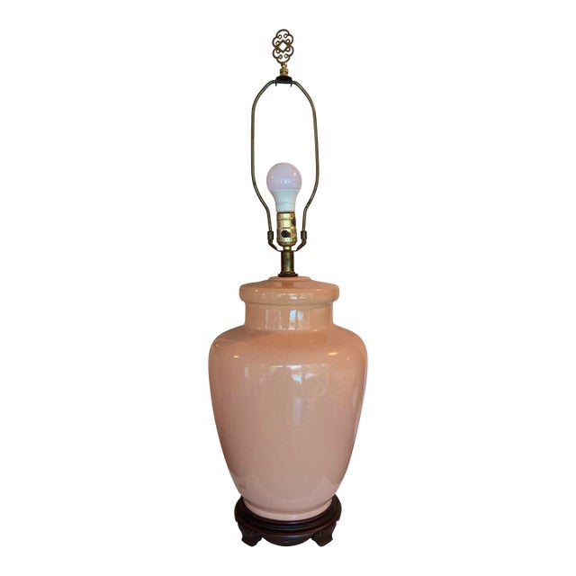 Late 20th Century Large Coral Colored Crackle‑Glaze Ginger Jar Table Lamp With Wooden Ming Base for Palm Beach Regency or Coastal Decor. See Photos! For Sale
