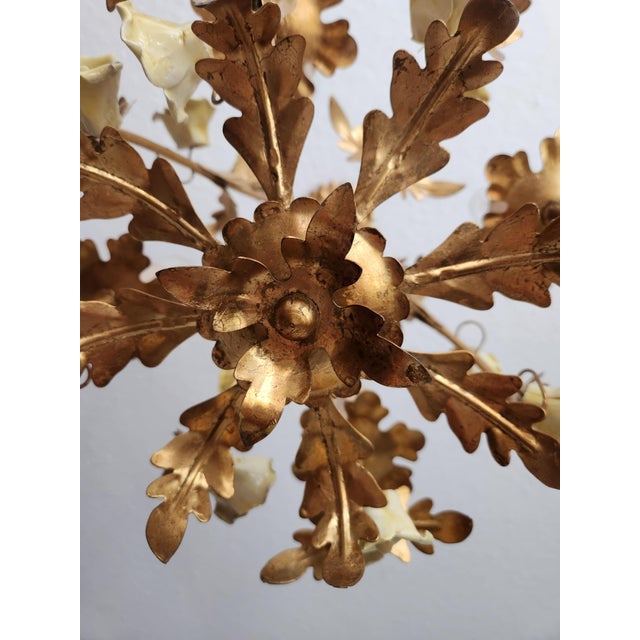 Vintage Gold-Plated and Hand-Forged Florentine Pendant Lamp with Porcelain Roses, 1960s For Sale - Image 11 of 18