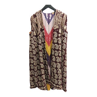 Antique Silk Velvet Red Embroidered Long Vest With Metallic Gold Details For Sale
