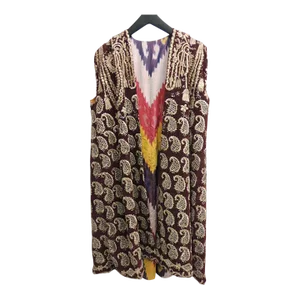 Antique Silk Velvet Red Embroidered Long Vest With Metallic Gold Details