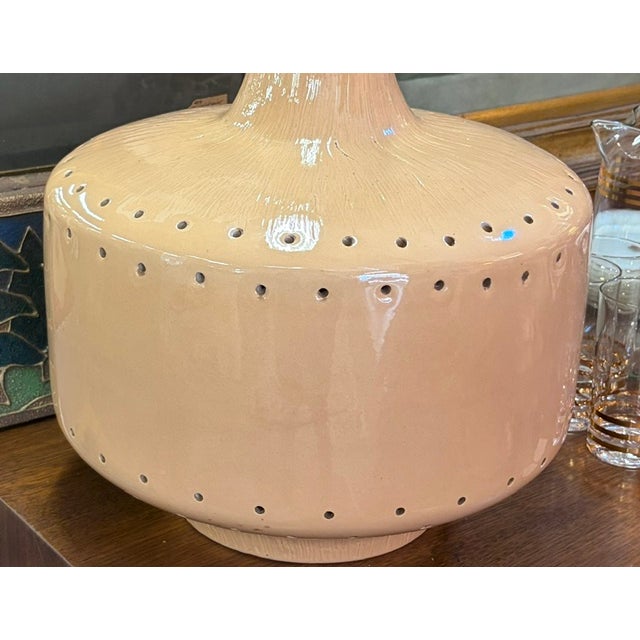 Mid 20th Century Mid Century Modern Beige Ceramic Lamp With Hole Perforations, Nice Form, Signed For Sale - Image 4 of 7