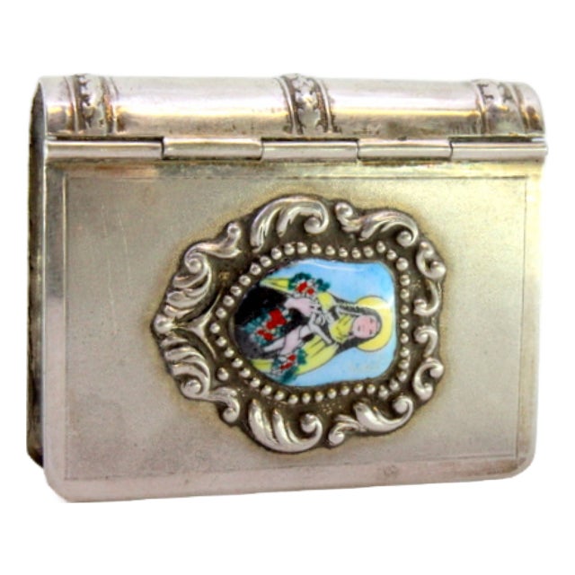 Silver Book Pill Box with Enamel Figure of Santa For Sale