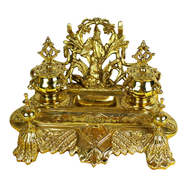 Antique Large Early 20th Century Inkwell Polished Solid Brass Ornamental Renaissance Style Dual Inkwell For Sale