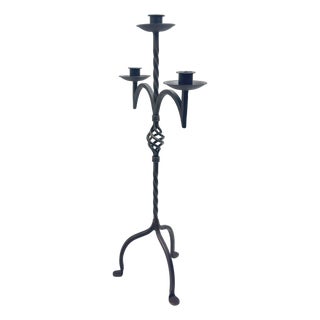 Hand Forged Wrought Iron Candelabra 33″ (83cm) Antique Copper Patina 3-Arm Twist & Basket Design Candle Holder Rustic Fireplace Decor For Sale