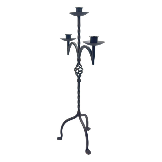 Hand Forged Wrought Iron Candelabra 33″ (83cm) Antique Copper Patina 3-Arm Twist & Basket Design Candle Holder Rustic Fireplace Decor For Sale